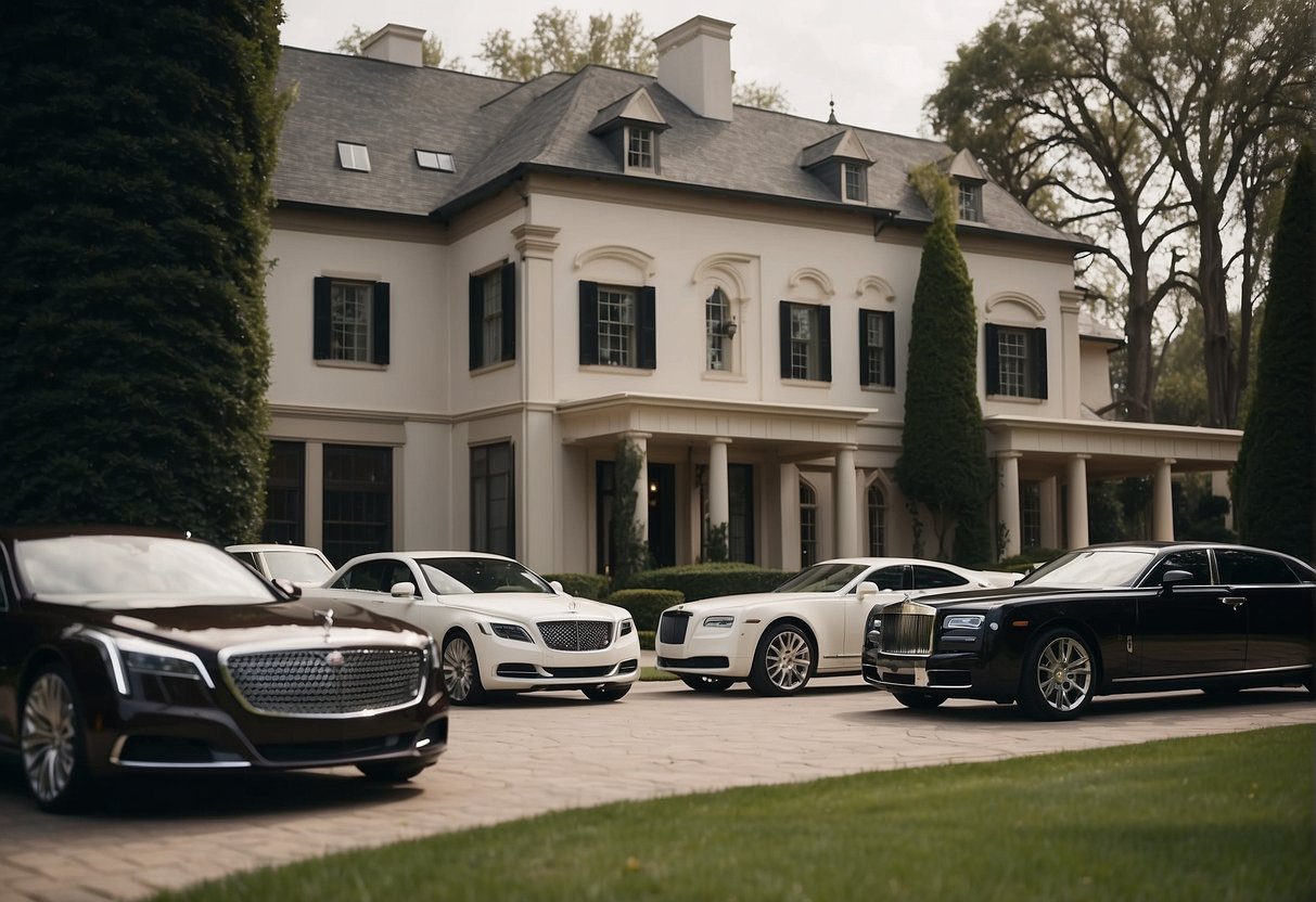 A grand, opulent mansion with a sprawling estate, luxury cars parked in the driveway, and a private jet ready for takeoff