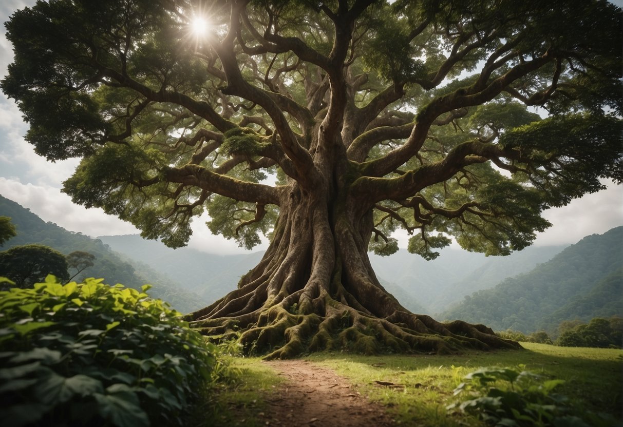 A towering tree with deep roots and lush foliage, standing strong against the test of time and weather. The branches reach out in all directions, symbolizing longevity and resilience