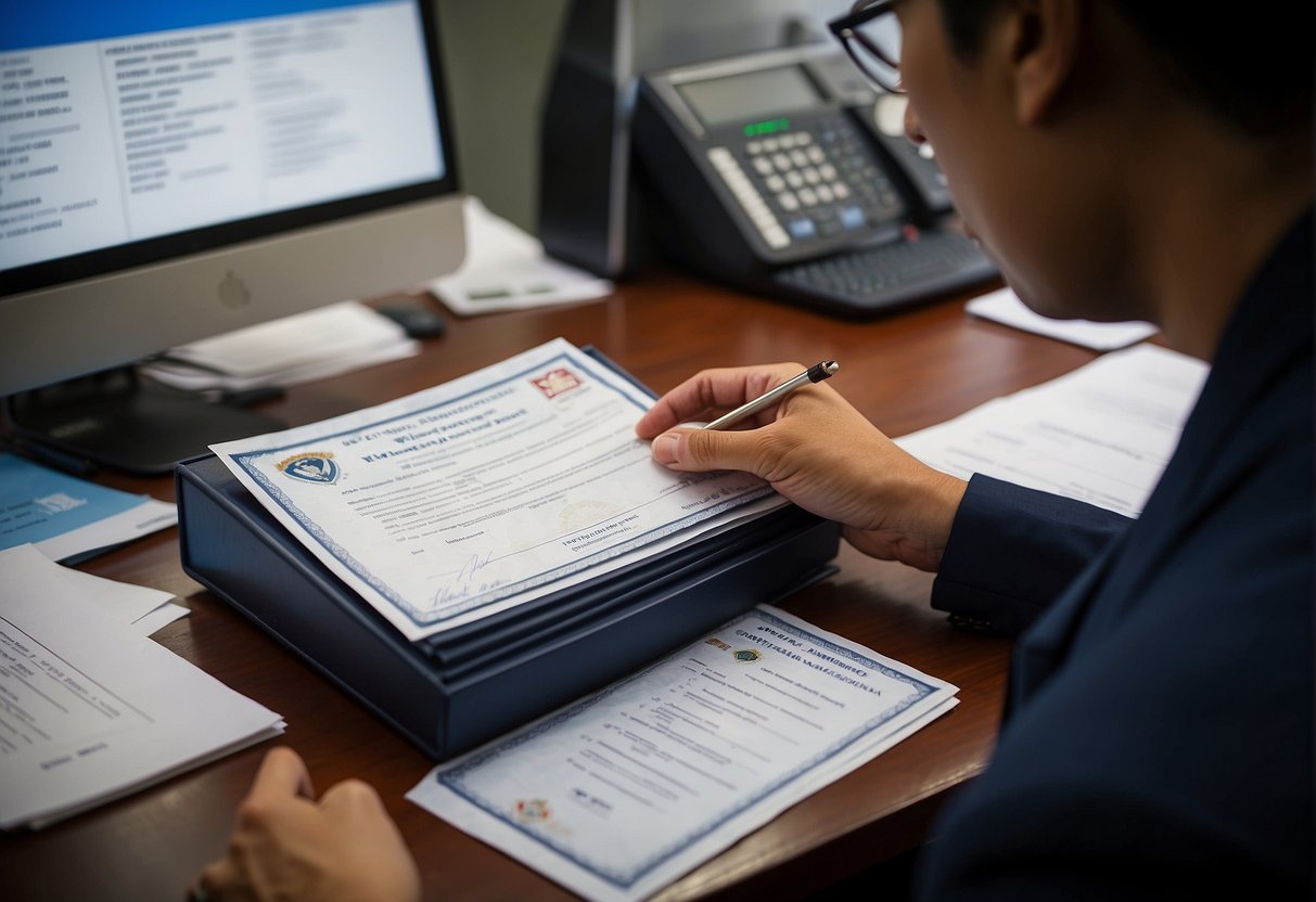 A US citizen presents documents at a Thai immigration office for the Thailand Elite Visa. The officer reviews the paperwork and stamps the visa approval