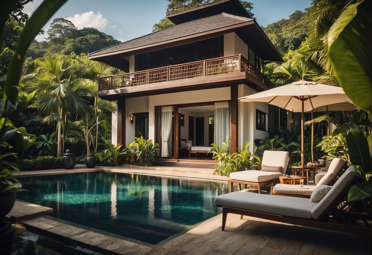A luxurious villa with a private pool and lush tropical surroundings, showcasing the exclusive benefits and privileges of the Thailand Elite Visa for US citizens