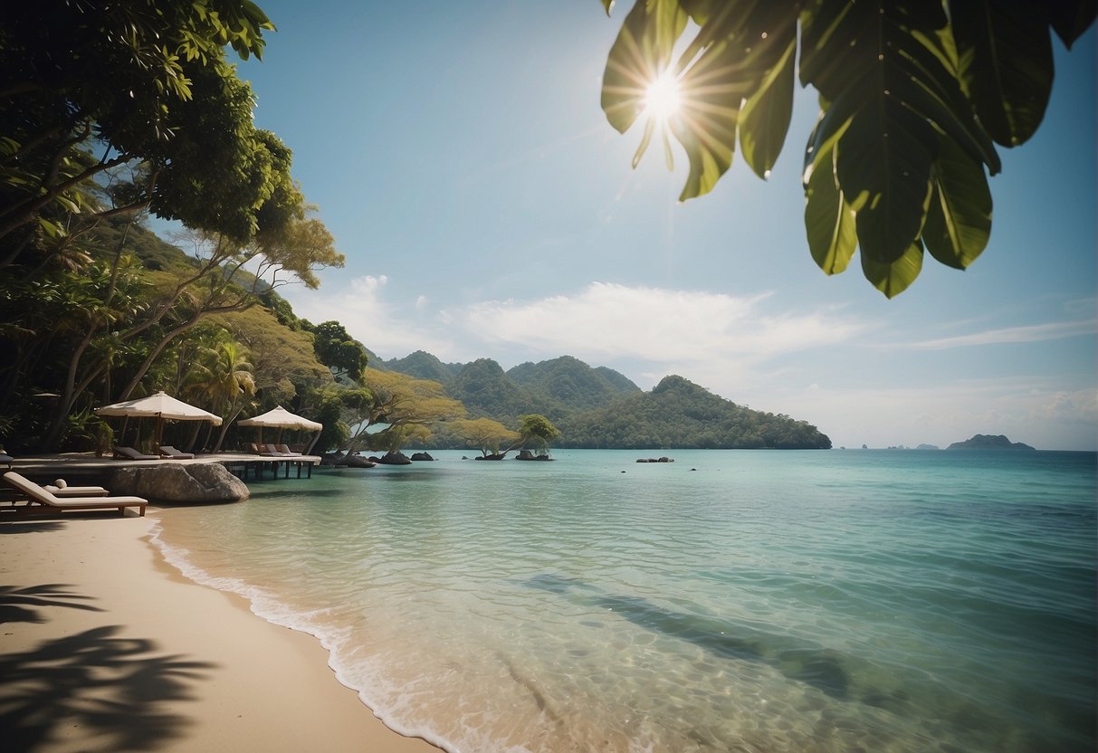 A serene Thai beach with a luxurious villa overlooking the crystal-clear waters and lush tropical landscape