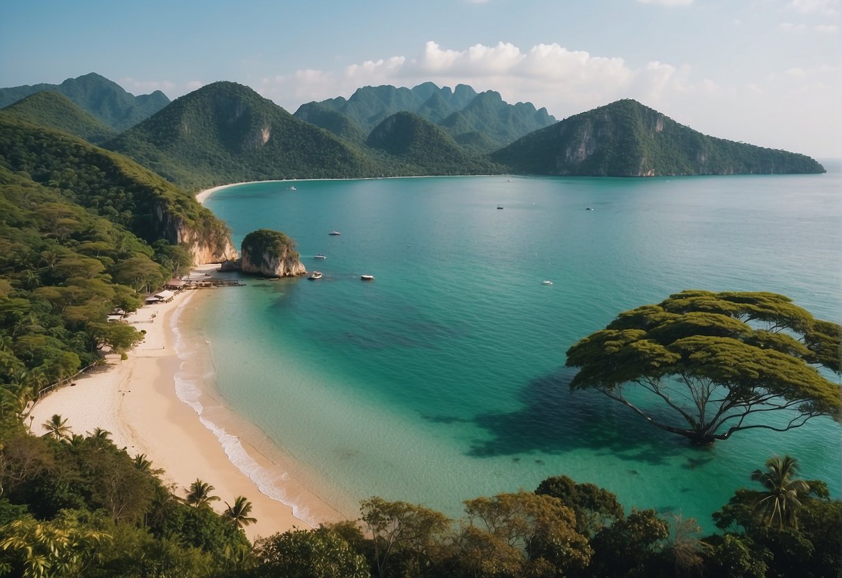 A picturesque Thai beach with a luxurious property overlooking the ocean, surrounded by lush greenery and clear blue skies