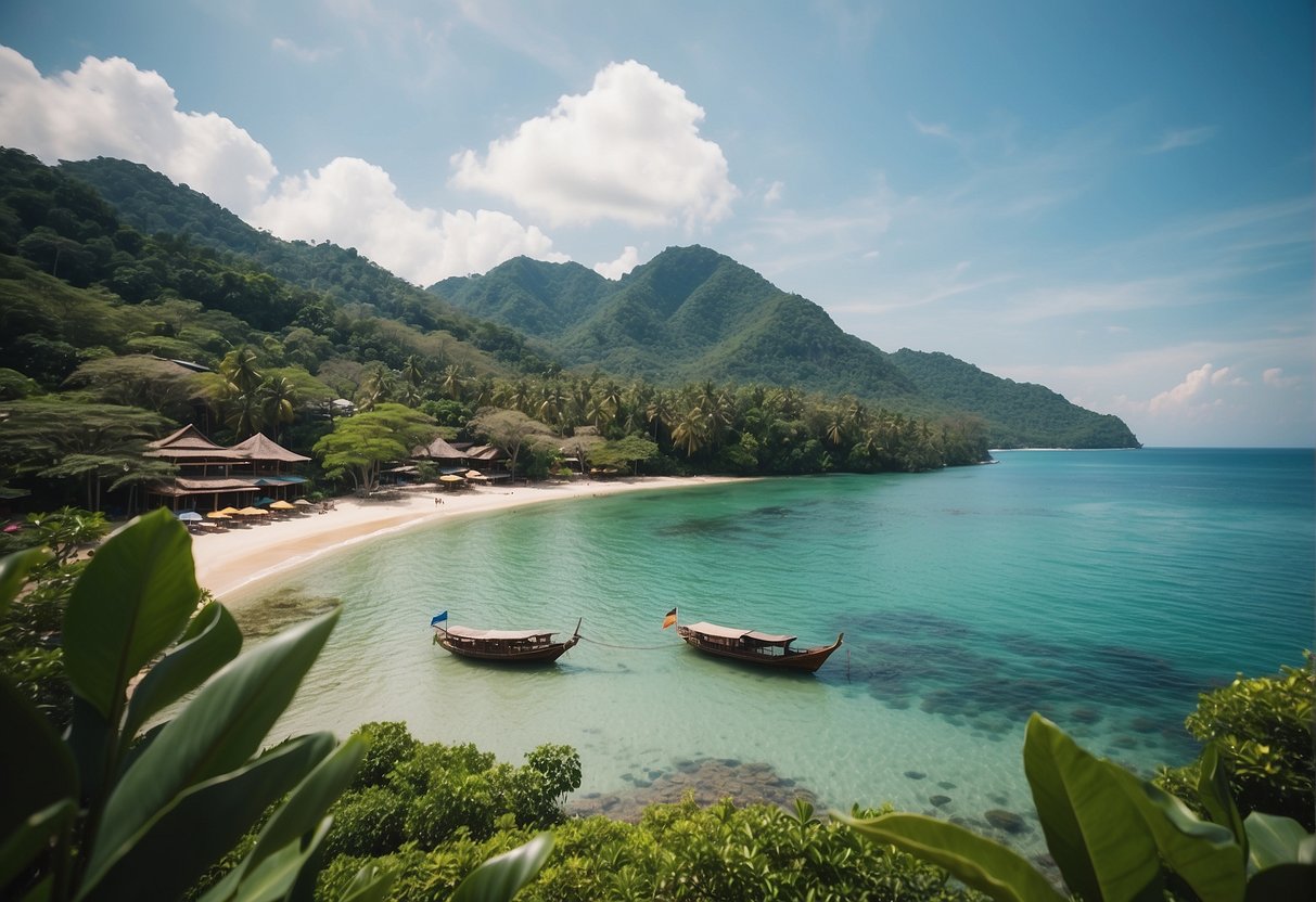 A serene Thai beach with a luxurious property overlooking the crystal-clear waters, surrounded by lush tropical vegetation. A bustling market in the distance reflects the local culture and economy