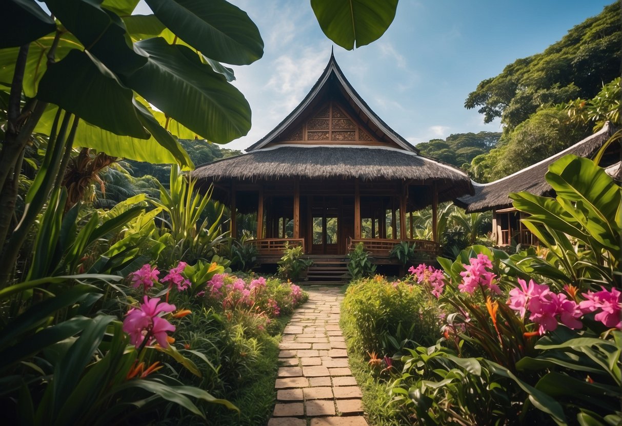 A tropical landscape with a traditional Thai house surrounded by lush greenery and vibrant flowers, with a clear blue sky overhead