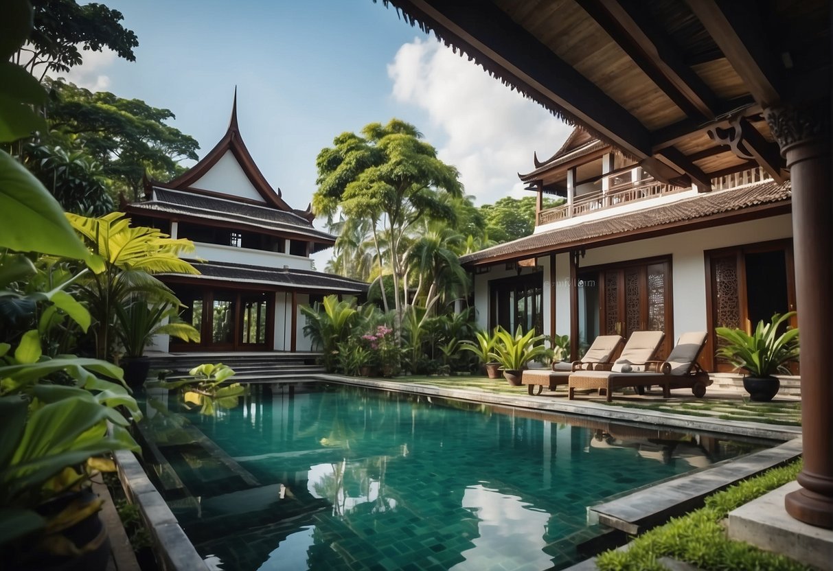 A beautiful Thai villa with lush gardens and a serene pool, nestled in the tropical landscape of Thailand